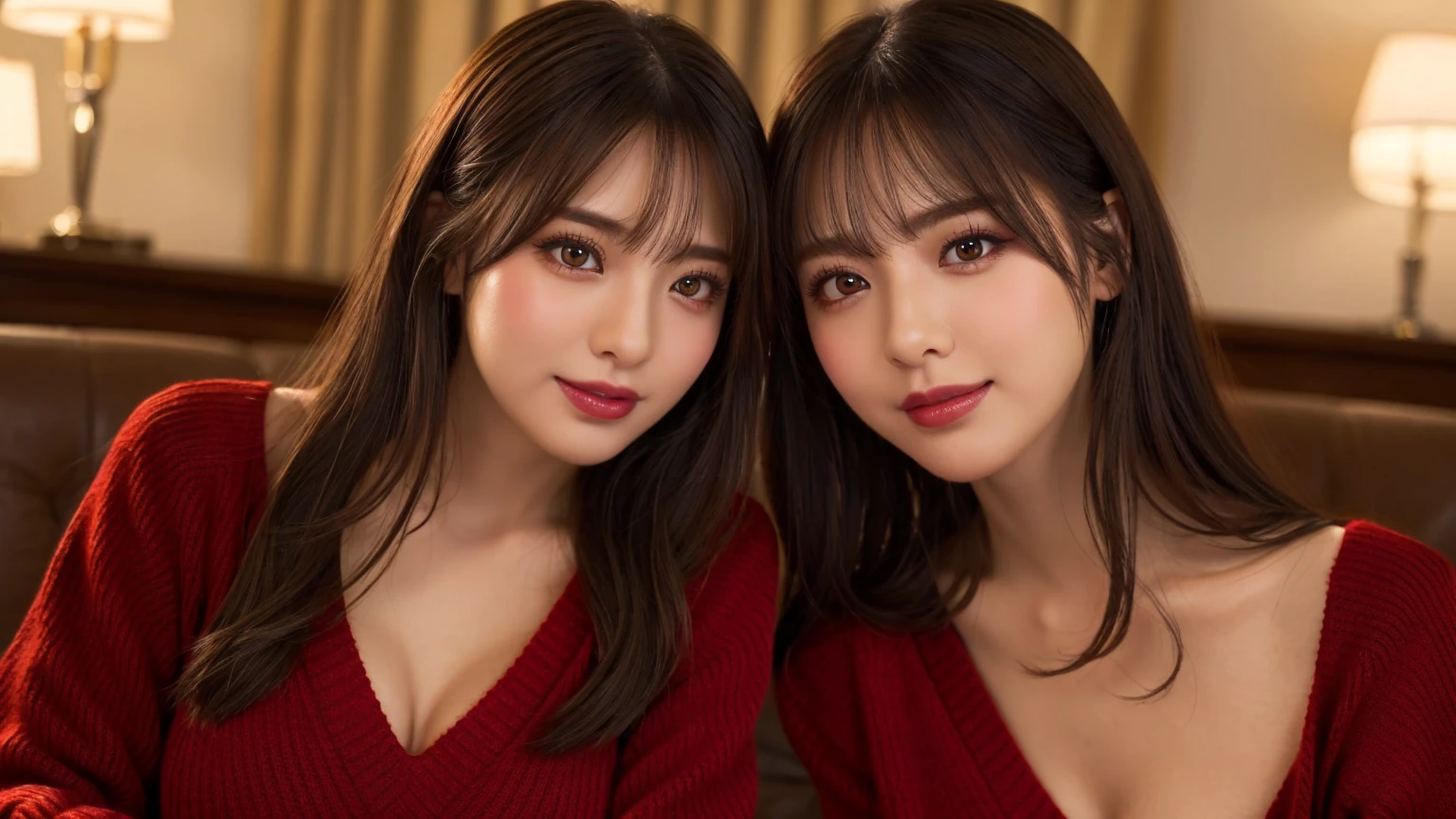 (highest quality、Tabletop、8k、Best image quality、Award-winning works)、(One Girl, :1.1)、(Perfect V-neck long knit red sweater:1.3)、Red eyeshadow、Perfect Makeup、Long eyelashes、Ultra-high definition sparkling eyes、Ultra HD Hair、Ultra High Resolution Glossy Lips、Ultra HD cute face、Brown Hair、Big Breasts、Cleavage、Look at me and smile、Accurate anatomy、Face close-up、Luxury Love Hotel、(The most atmospheric and warm lighting:1.1)、Blurred Background, (sexual emotions:1.5)