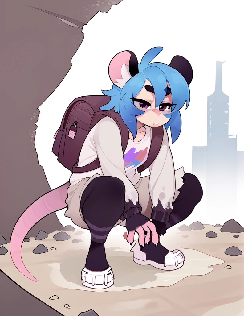 1girl, solo, adult, hips, figure, ruins, apocalyptic city, ((rat girl, kemonomimi, cute, blue hair, white fur, apocalypse survivor, backpack)), dirty, scrappy clothing, fuzzy, scavenger, scavenging, crouched, 