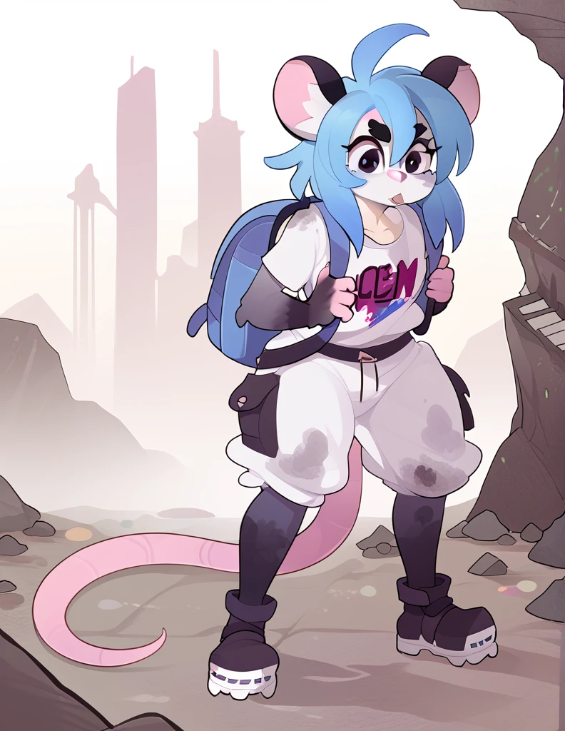 1girl, solo, adult, hips, figure, ruins, apocalyptic city, ((rat girl, kemonomimi, cute, blue hair, white fur, apocalypse survivor, backpack)), dirty, scrappy clothing, fuzzy, scavenger, scavenging, crouched, 