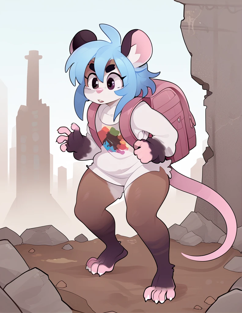 1girl, solo, adult, hips, figure, ruins, apocalyptic city, ((rat girl, kemonomimi, cute, blue hair, white fur, apocalypse survivor, backpack)), dirty, scrappy clothing, fuzzy, scavenger, scavenging, crouched, 