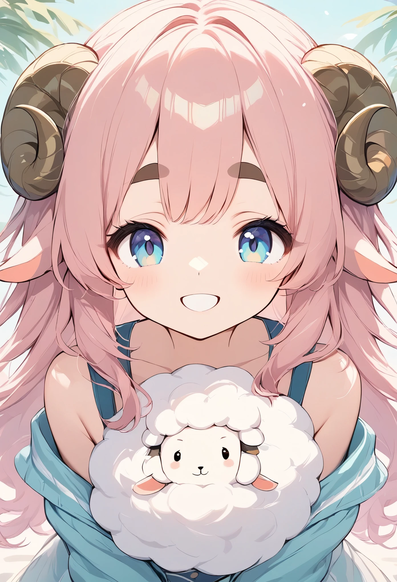  Light lines and soft colors create a dreamy effect.,  pink haired sheep girl、 thick eyebrows、Super smile、piece、 looking at the camera 、Fluffy sheep 、cute