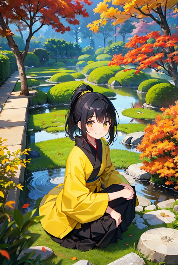 1 black-haired girl, ponytail, yellow skirt, looking at the viewer,  smile, Looking up, Beautiful Japanese Garden, autumn, masterpiece, accurate