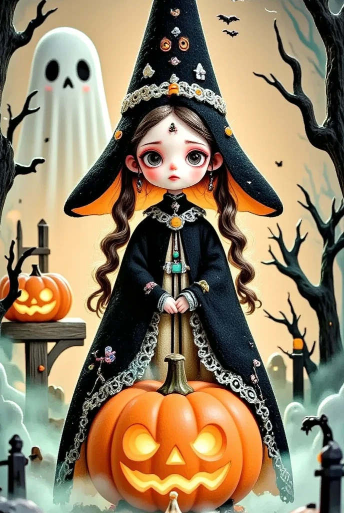 Cartoon Illustration Style, , many, Rococo, line illustration , Hand drawn illustrations, Halloween, 1 Girl, Cute little witch, Sit on a jack-o'-lantern, Halloween decoration, pleasure, Qibi style, Cute cartoon style, warmth,