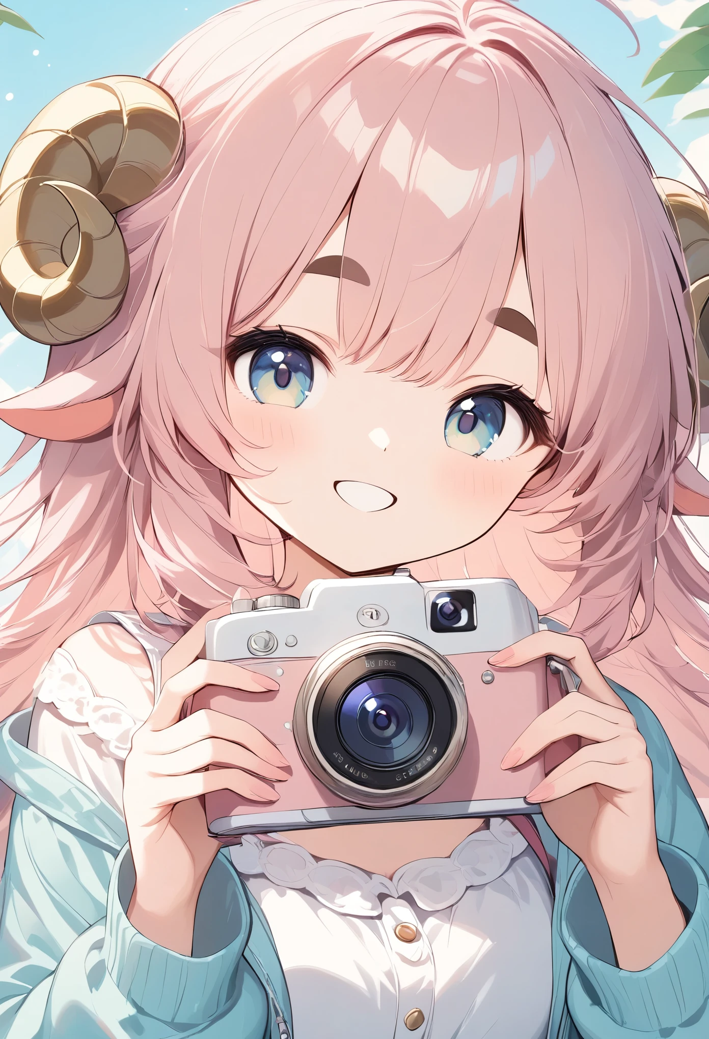  Light lines and soft colors create a dreamy effect.,  pink haired sheep girl、 thick eyebrows、Super smile、wariza、Fluffy sheep 、cute