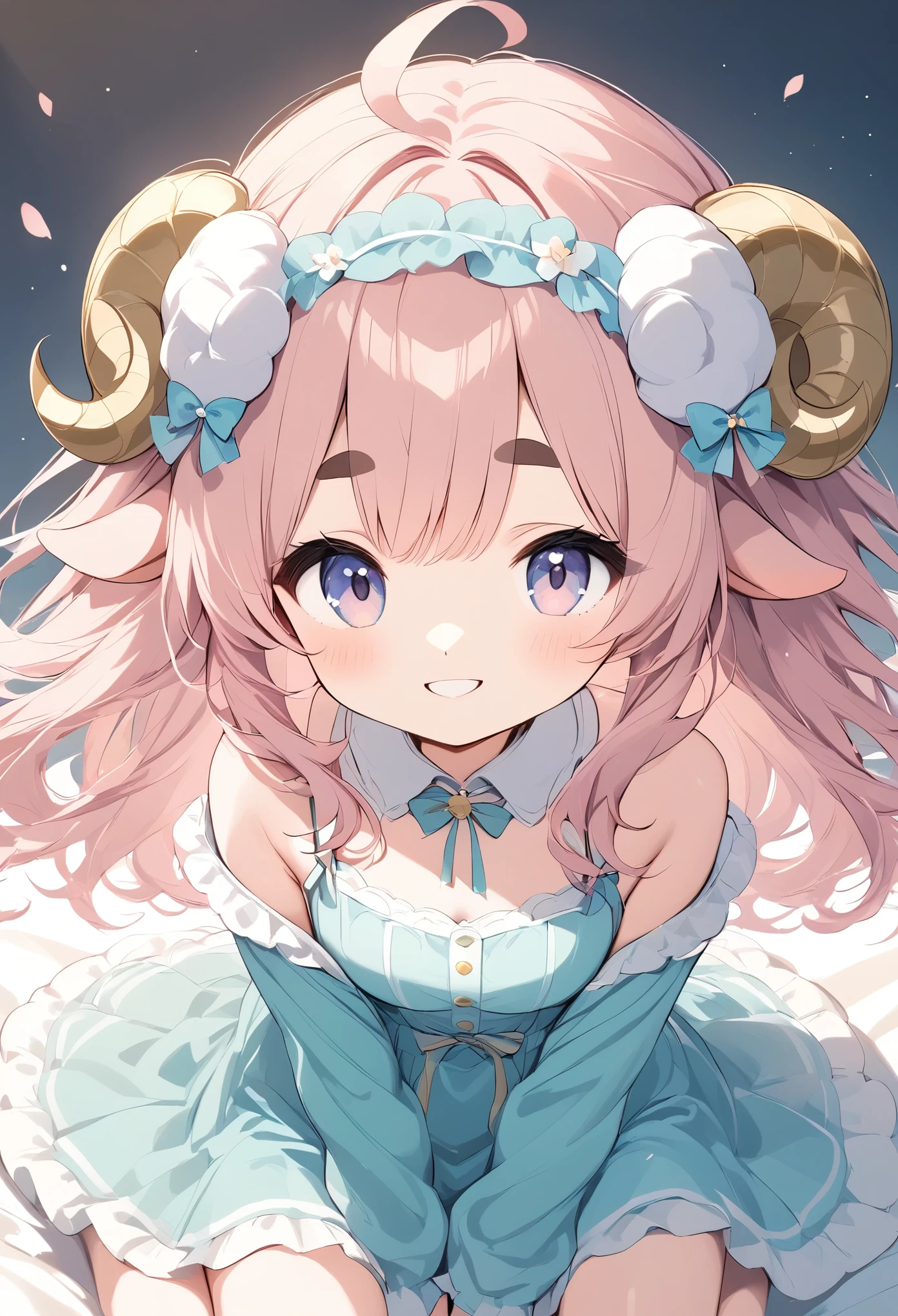  Light lines and soft colors create a dreamy effect.,  pink haired sheep girl、 thick eyebrows、Super smile、wariza、Fluffy sheep 、cute