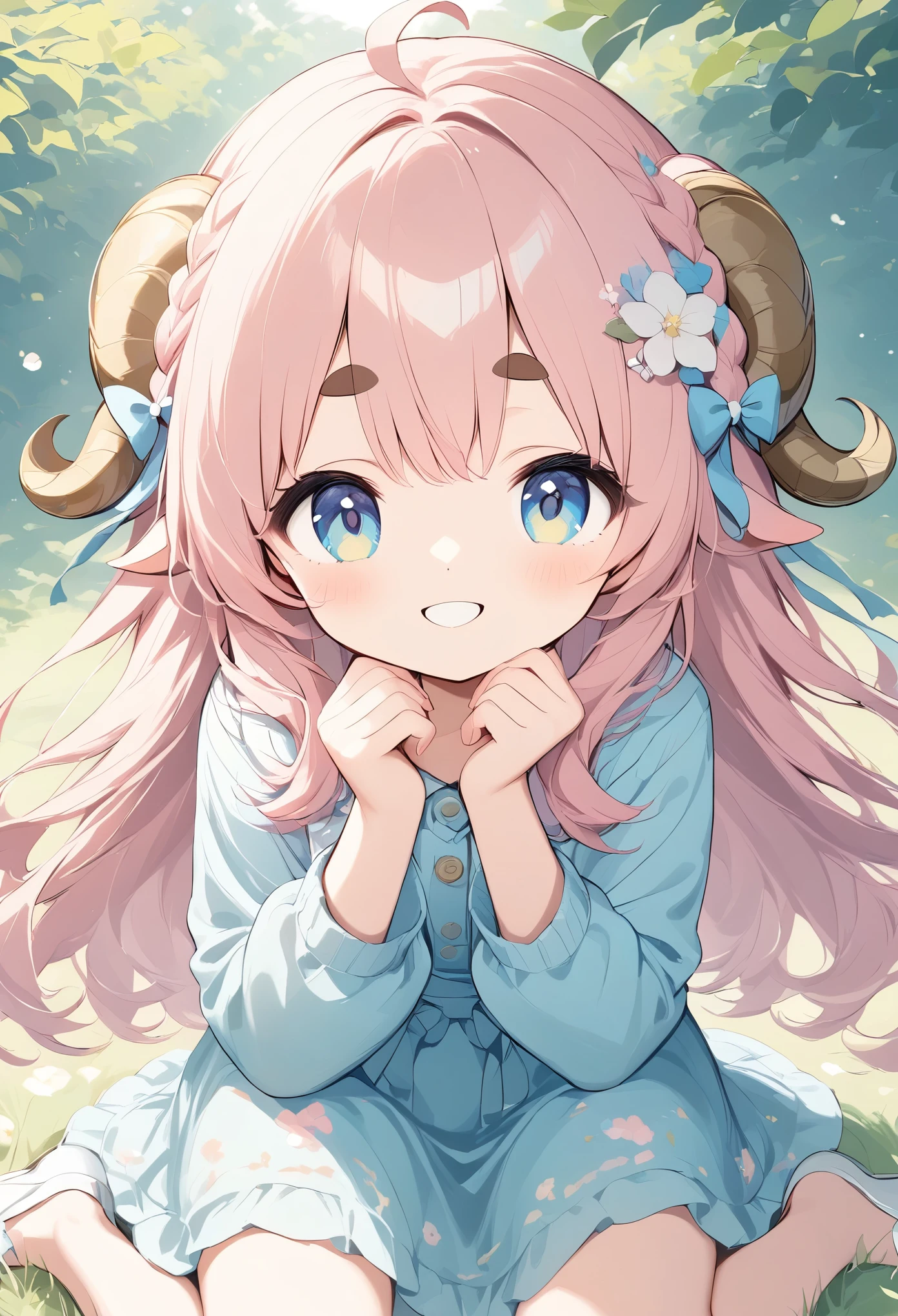  Light lines and soft colors create a dreamy effect.,  pink haired sheep girl、 thick eyebrows、Super smile、wariza、Fluffy sheep 、cute