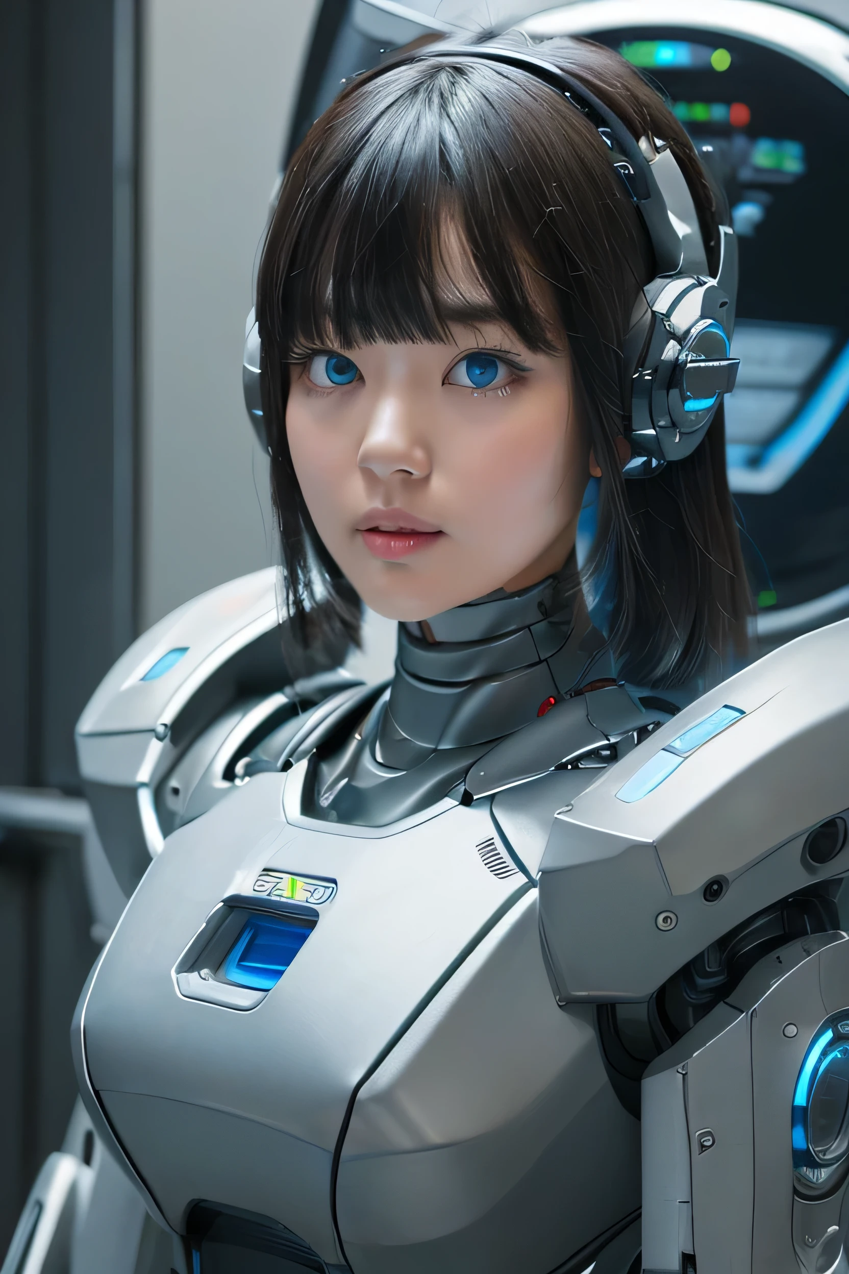 masterpiece, best quality, extremely detailed, Japaese android girl,portrait,Plump,a bit chubby,control panels,android,Droid,Mechanical Hand, Robot arms and legs, Black hair,Blunt bangs,perfect robot girl,long tube,thick cable connected her neck,android,robot,humanoid,cyborg,japanese cyborg girl ,robot-assembly plant,She is assembling now,assembly scene,blue eyes,chest monitor