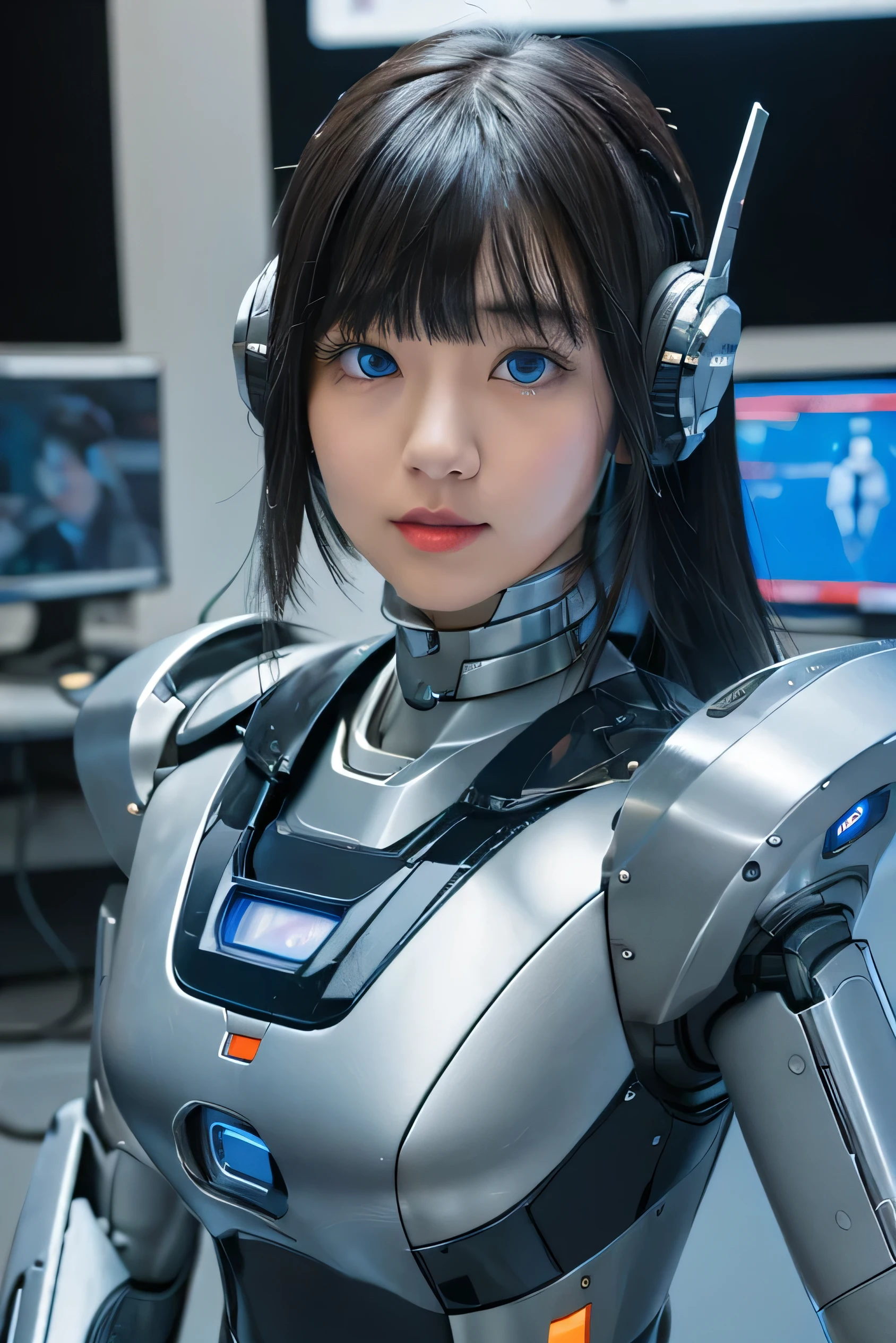 masterpiece, best quality, extremely detailed, Japaese android girl,portrait,Plump,a bit chubby,control panels,android,Droid,Mechanical Hand, Robot arms and legs, Black hair,Blunt bangs,perfect robot girl,long tube,thick cable connected her neck,android,robot,humanoid,cyborg,japanese cyborg girl ,robot-assembly plant,She is assembling now,assembly scene,blue eyes,chest monitor