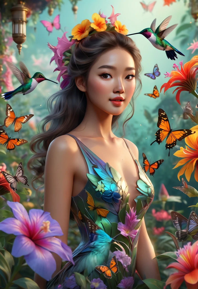 A beautiful Asian woman surrounded by hummingbirds, ((perfect hummingbird and butterflies in flight, beautiful iridescent colors, surrounded by exotic flowers in a beautiful and detailed garden, magical idyllic vibrant and beautiful colors:1.5)), (((Best quality))), (((ultra detailed CG ))), Ultra High Definition, 8k, Unreal Engine 5, Ultra Sharp Focus, Intricate Art Masterpiece, Majestic, Golden Ratio, Highly Detailed, Vibrant, Production Cinematic Character Rendering, Ultra High Quality Model, 32k