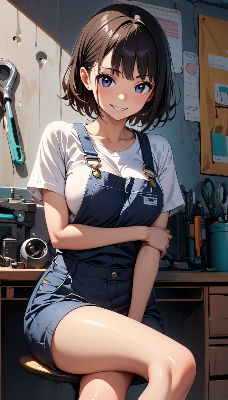 (highest quality:1.2, Very detailed, Latest, Vibrant, Ultra-high resolution, High Contrast, masterpiece:1.2, highest quality, Best aesthetics), Beautiful female mechanic, sexy, Work clothes, Overalls, Best Body Line, Beautiful detailed eyes, A professional and confident smile, Detailed facial features, Elegant hairstyle, Power tools, detailed machine, The work contents written on the wall, A neat and tidy desk, Precision work, Adorable,to cross legs