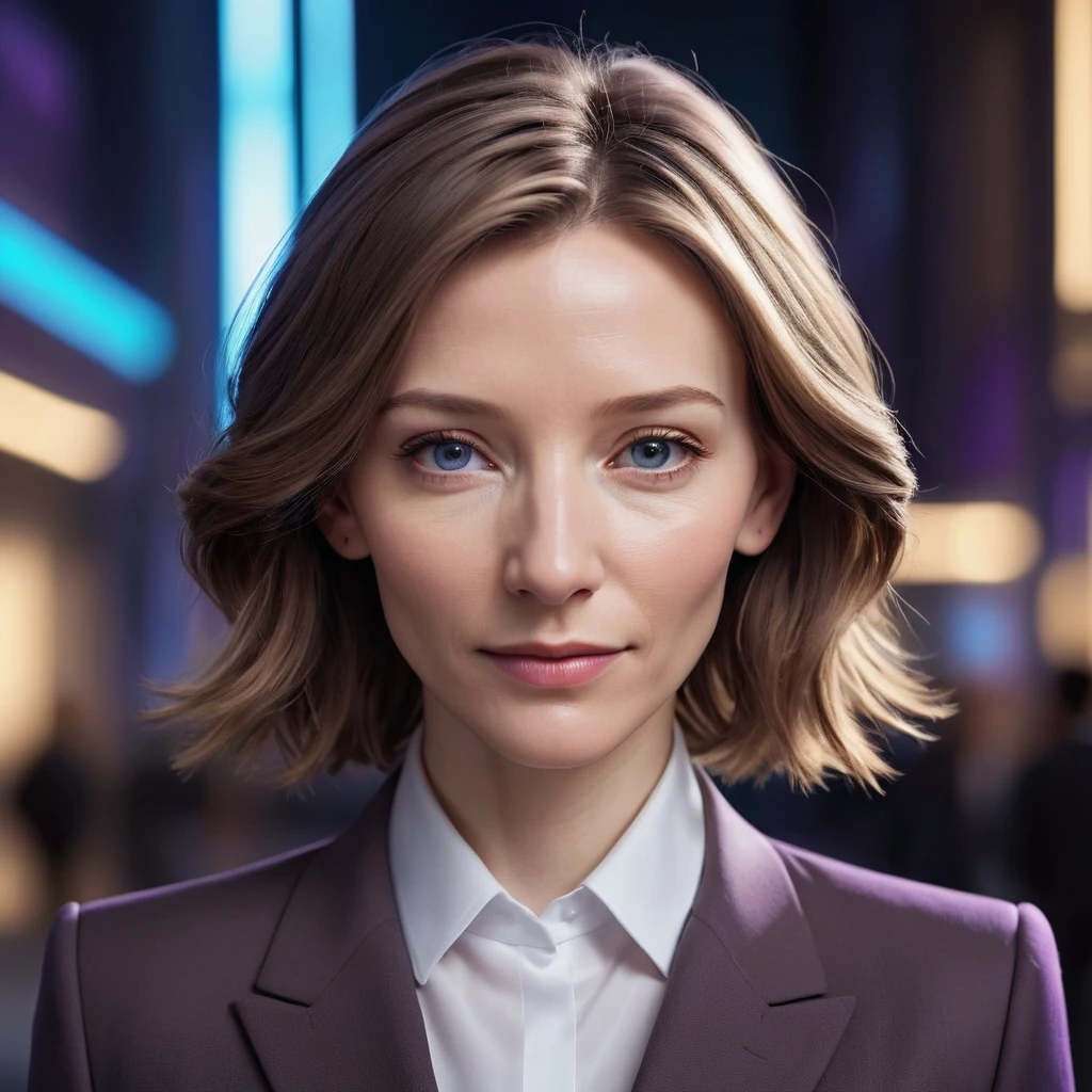 Passport-style portrait shot of a young corporate secretary in her early 20s, resembling (Cate Blanchett:1.3) but with youthful features. The focus is on her head and shoulders, with a (professional:1.2) yet slightly curious expression. She is wearing a sleek, modern corporate uniform that hints at advanced technology but maintains a (contemporary design:1.3), with subtle glowing lines. The background is blurred, illuminated by soft (neon lights:1.3) in shades of blue and purple, creating a minimalistic yet futuristic vibe. Her shoulder-length (brown hair:1.2) is neatly styled, and her intense yet youthful gaze suggests intelligence and ambition. The (lighting:1.2) is even, highlighting her smooth features and creating soft shadows. Digital art, 4K, ultra-quality, intricate details, (neon-noir:1.3), corporate character portrait.