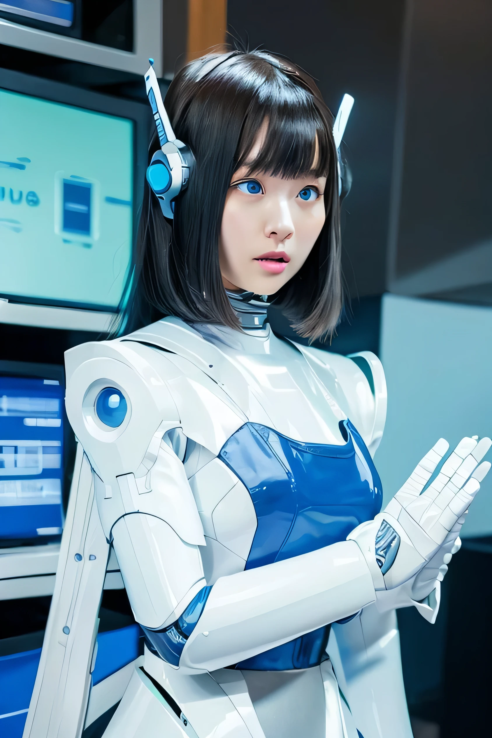 masterpiece, best quality, extremely detailed, Japanese android girl,Plump ,control panels,robot arms,robot,android,cyborg,white robot body,ceramic body,perfect robotgirl,blunt bangs,blue dress,blue eyes,office-lady
