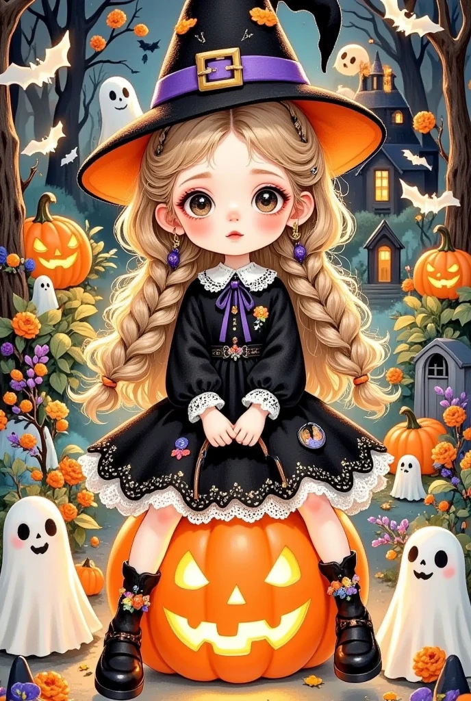 Cartoon Illustration Style, , many, Rococo, line illustration , Hand drawn illustrations, Halloween, 1 Girl, Cute little witch, Sit on pumpkin lanterns , Halloween decoration, pleasure, Qibi style, Cute cartoon style, warmth,