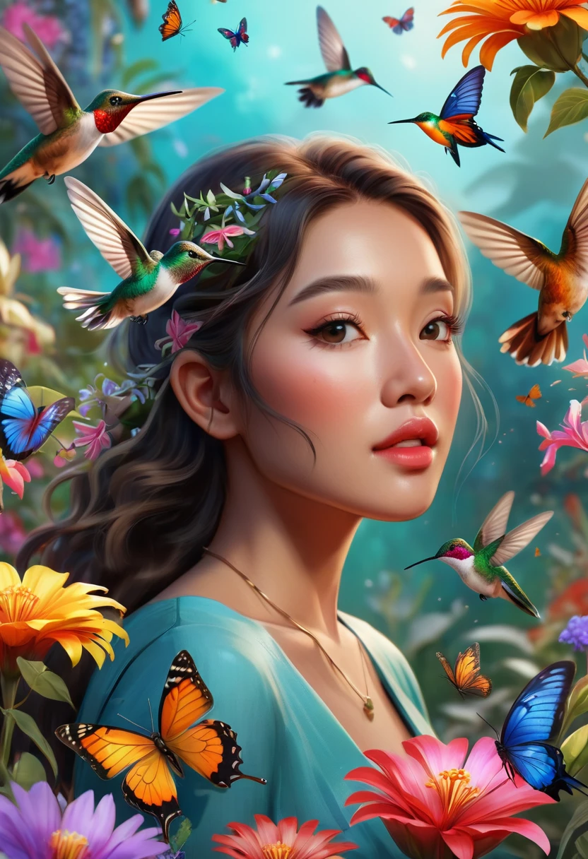 A beautiful Asian woman surrounded by hummingbirds, ((perfect hummingbird and butterflies in flight, beautiful iridescent colors, surrounded by exotic flowers in a beautiful and detailed garden, magical idyllic vibrant and beautiful colors:1.5)), (((Best quality))), (((ultra detailed CG ))), Ultra High Definition, 8k, Unreal Engine 5, Ultra Sharp Focus, Intricate Art Masterpiece, Majestic, Golden Ratio, Highly Detailed, Vibrant, Production Cinematic Character Rendering, Ultra High Quality Model, 32k