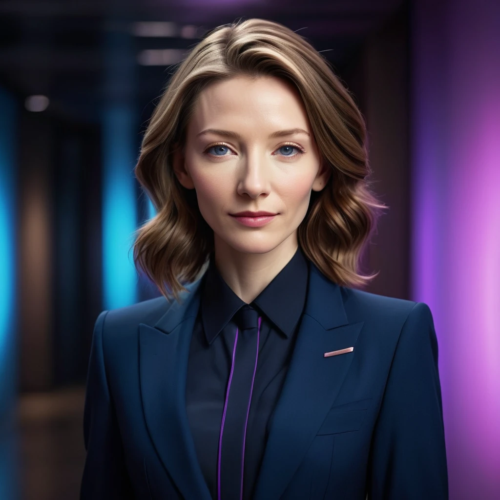 assport-style portrait shot of a young corporate secretary in her early 20s, resembling (Cate Blanchett:1.3) but with youthful features. The focus is on her head and shoulders, with a (professional:1.2) yet slightly curious expression. She is wearing a sleek, modern corporate uniform that hints at advanced technology but maintains a (contemporary design:1.3), with subtle glowing lines. The background is blurred, illuminated by soft (neon lights:1.3) in shades of blue and purple, creating a minimalistic yet futuristic vibe. Her shoulder-length (brown hair:1.2) is neatly styled, and her intense yet youthful gaze suggests intelligence and ambition. The (lighting:1.2) is even, highlighting her smooth features and creating soft shadows. Painted in an (oil painting style:1.3), with soft brush strokes and detailed textures to give it a classic, artistic feel. Digital art, 4K, ultra-quality, intricate details, (neon-noir:1.3), corporate character portrait.