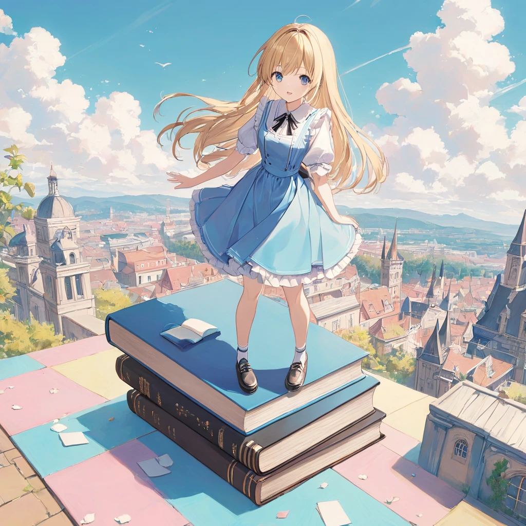 ((pastel))、 woman,Alice,High angle, standing on a book ,It&#39;s a small world,With a smile, Eyes closed, yellow hair,Long Hair,Momiage has braids , black ribbon headband ,Big ribbon,Blue dress,White Apron, the background is an appropriate blur ,The background is a masterpiece on a desk ,Best Quality,Exquisite,8k, absurd, super detailed illustration ,(Watch the audience)