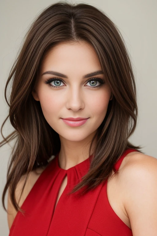 Beautiful woman's eyes brown hair color dressed in a red dress aged 35 looks right at the camera