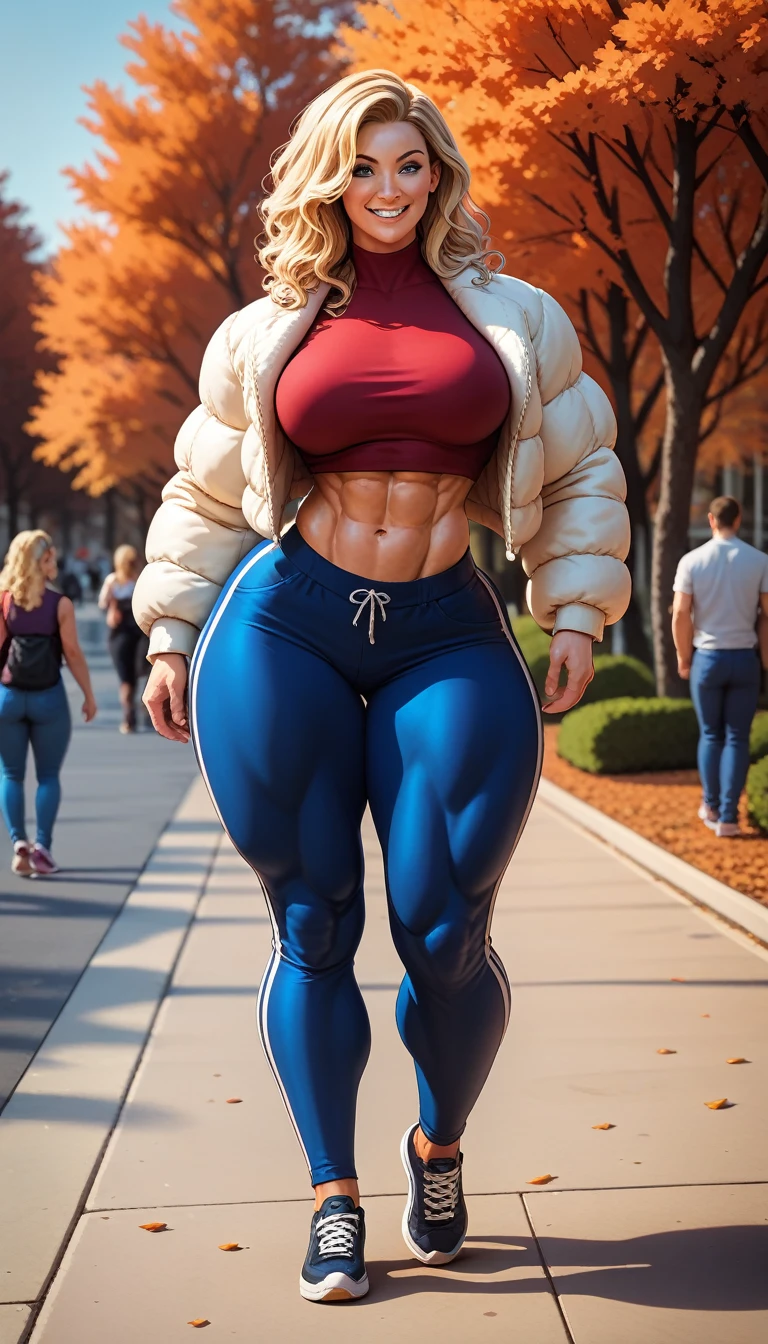 fullbody view, walking in a autumn park, very attractive 23 yo blonde woman, female bodybuilder, ultra muscular thighs, ((dark)) perfect flawless skin, long curly blonde hair, friendly soft smile, massive bulging musculature, extremely ((muscular)) thighs, well-muscled thighs, enormous calves, most beautiful perfectly trained feminine body, wearing baggy pants and short fluffy fur jacket, free midriff