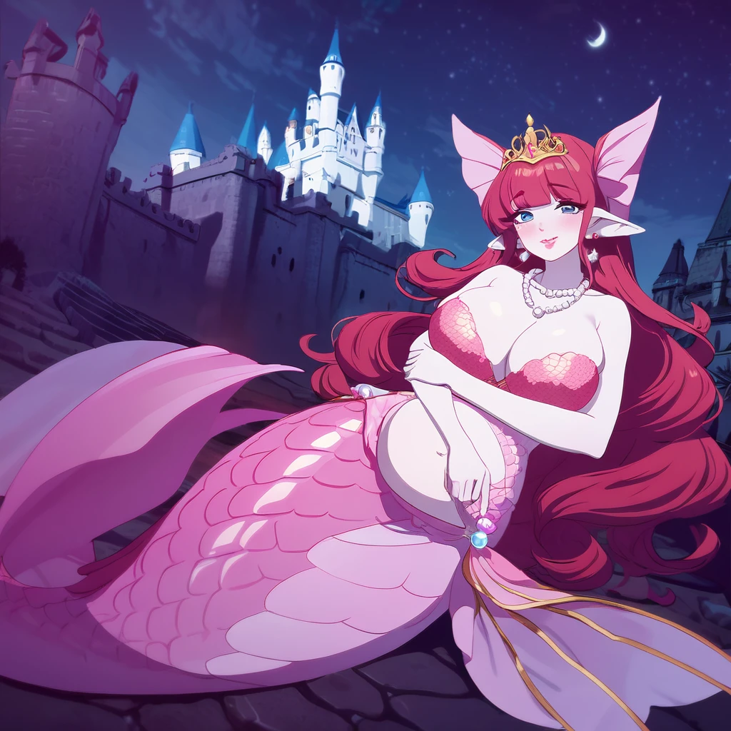 Anime mermaid girl beautiful, pink mermaid, pink mermaid tail below waistline, scales mermaid tail, long mermaid tail, pale skin, red hair, fin ears, diamond earings, pearl necklace, blue eyes, red blush, pink lips, pink bra, belly, large breasts, cleavage, looking at viewer, shy, smile, night, castle, full body, 