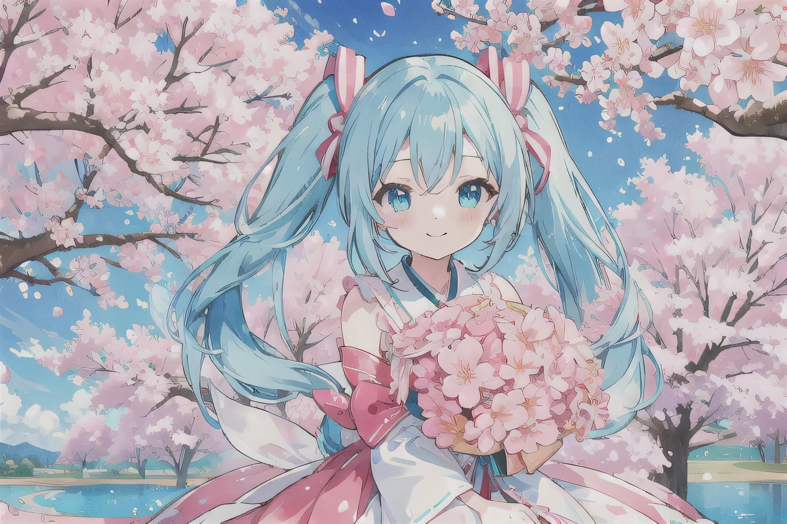 · Hatsune Miku · Light Blue Hair · Twin Tails · Smiling · Pink Dress · Lots of Cherry Blossoms · Pink Bouquet · Blue Sky · River Flowing in the Center · Top Quality