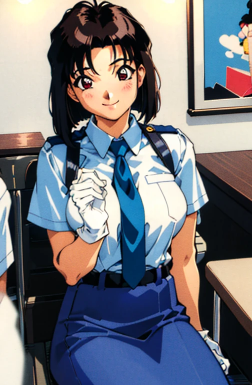 (masterpiece, best quality ,  Details),  1 girl , Alone, Sitting, the above,  staring at viewers , smile, Closed Mouth, restaurant, indoor,   giant ,
Natsumi Tsujimoto,  police uniforms, Blue Shirt, Short sleeve, White gloves,   Pencil Skirt ,    Retro Art Style , tie