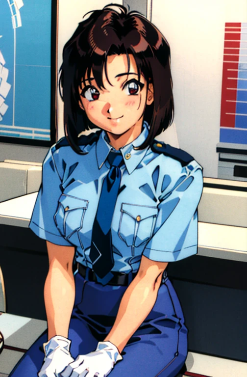 (masterpiece, best quality ,  Details),  1 girl , Alone, Sitting, the above,  staring at viewers , smile, Closed Mouth, restaurant, indoor,   giant ,
Natsumi Tsujimoto,  police uniforms, Blue Shirt, Short sleeve, White gloves,   Pencil Skirt ,    Retro Art Style , tie