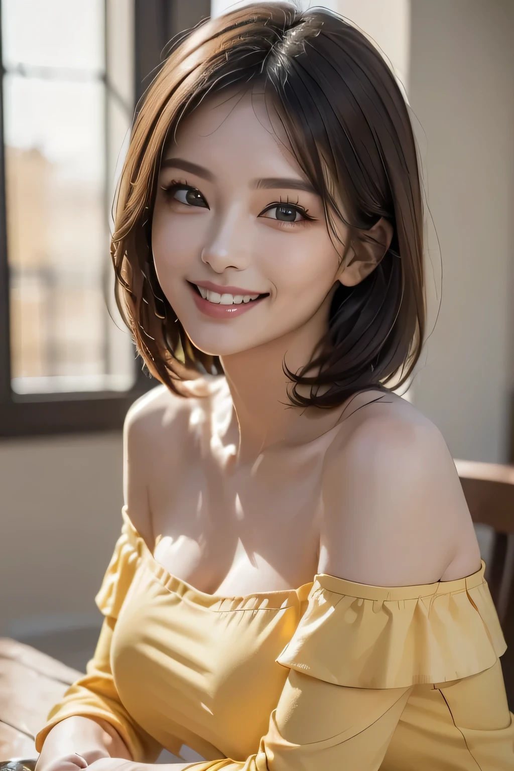 ((Realistic Light, masterpiece, Best Quality, Realistic, 8k,  table top to cover upper arms: 1.3)), Female 1 person, (yellow off-the-shoulder cut top: 1.3),  Highly Detailed Face , fine grain, (eyelash), double eyelid, grin, (My Room), smile, (((The beauty of sagging breasts ))