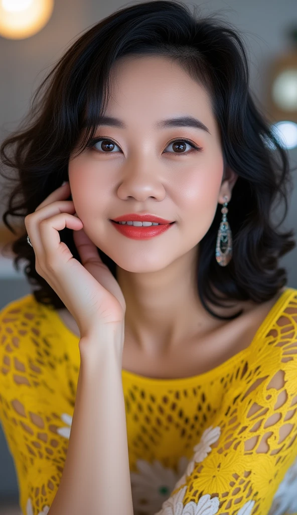 Beautiful Asian girl with red lips, Her eyes shone like dreamy stars, glowing eyes, beautiful and detailed eyes, RAW photo,(high detailed skin:1), (realistic, photo-realistic:1.37), ultra high res, professional lighting , 8k uhd, dslr , high quality, film grain, Fujifilm XT3, RAW photo, lady,