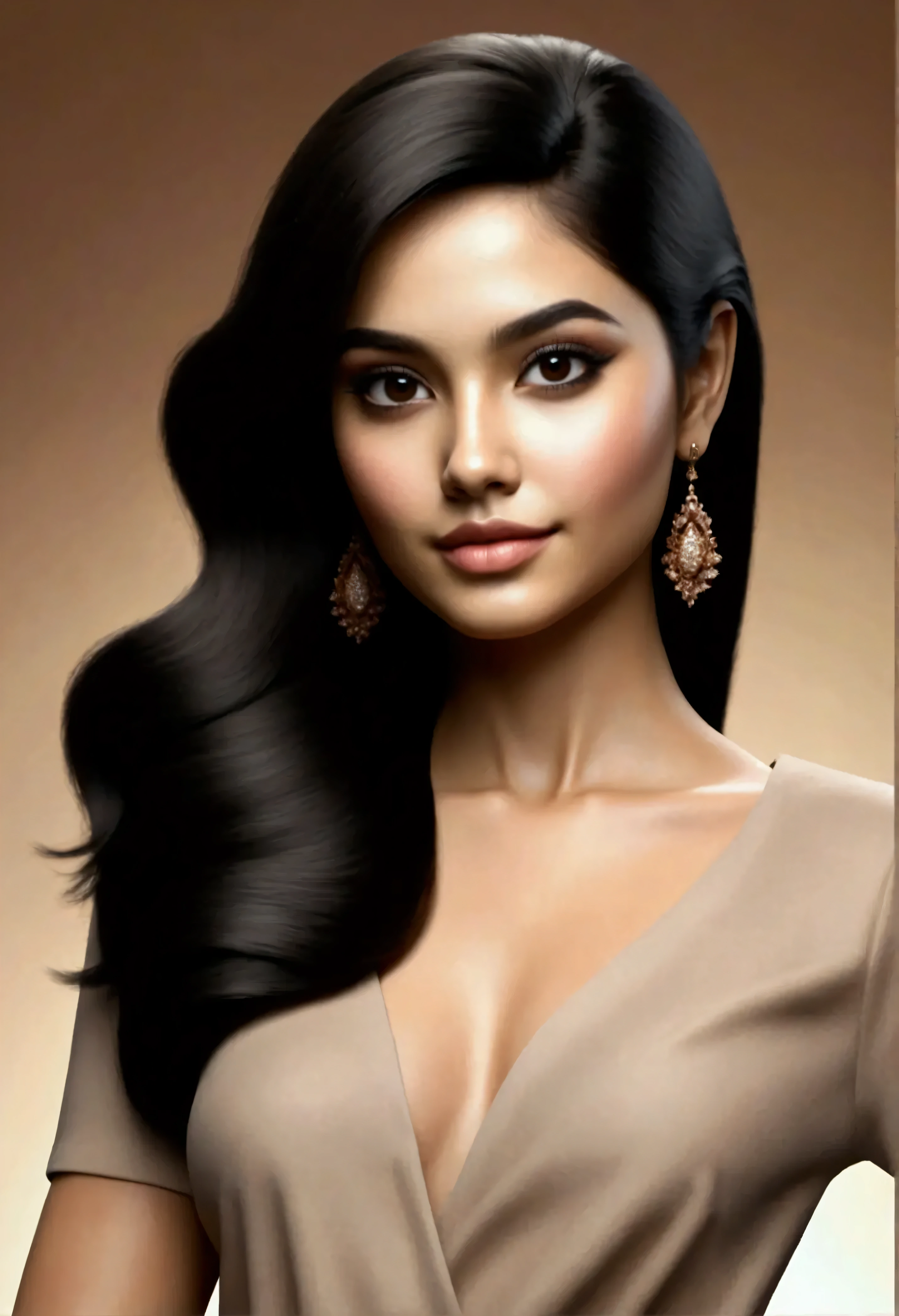Design a 3D model of an Indian supermodel featuring large, almond-shaped deep brown eyes framed by long, dark lashes that create a captivating gaze. The model should have a sharp, well-defined nose, full naturally curved lips in a soft dusky rose shade, and high, sculpted cheekbones for a flawless contour. Her skin should have a smooth, warm golden-brown tone, with a sharp, symmetrical jawline giving her face a striking yet feminine structure. Her jet-black hair should flow in voluminous waves, perfectly framing her confident and radiant expression. Ensure the 3D render showcases her elegance, magnetic charm, and sophisticated glamour, with realistic textures and lighting for a high-quality finish.