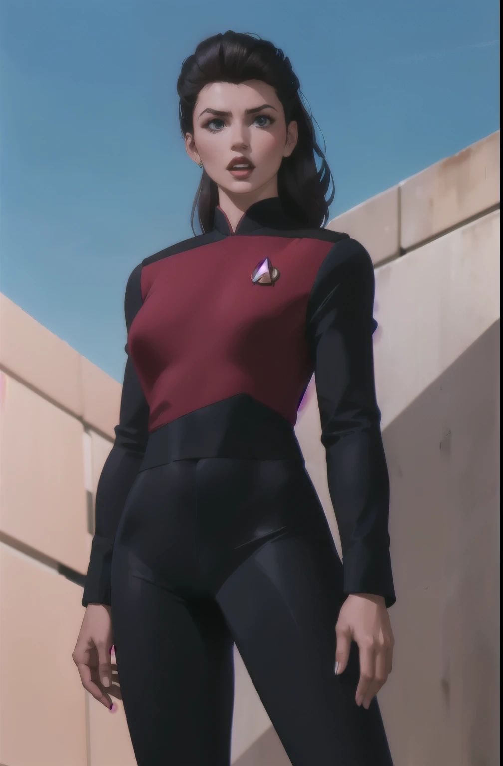 woman in red and (black:1.1) s3stngunf uniform