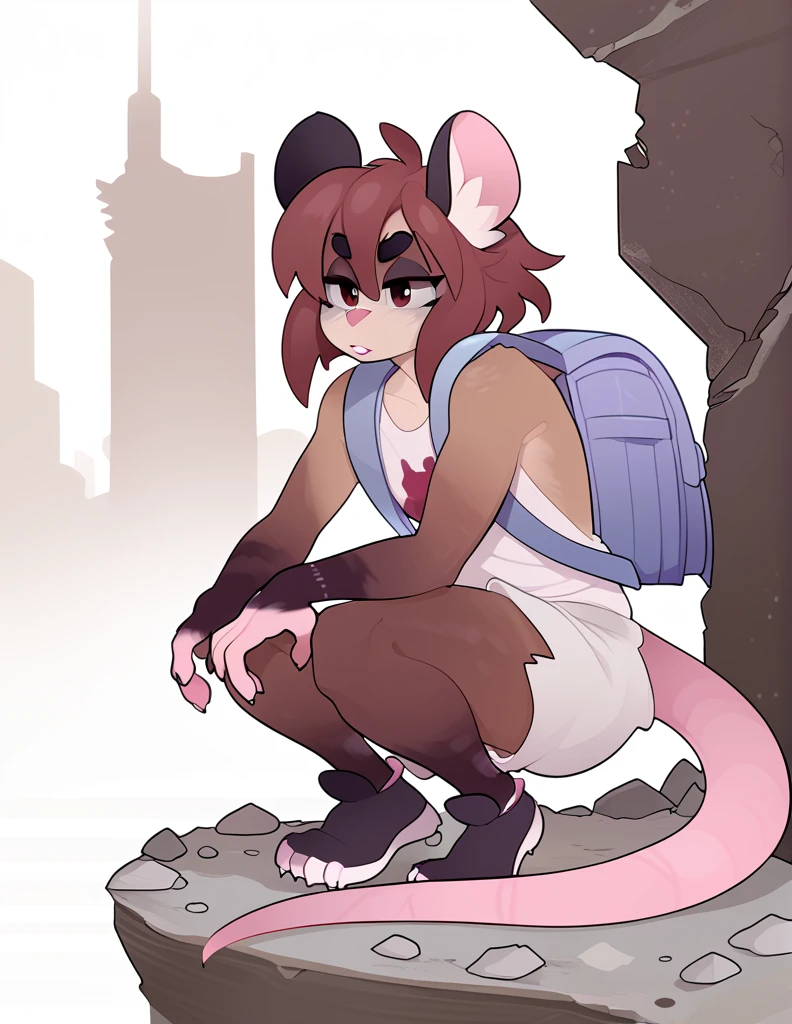 1girl, solo, adult, hips, figure, ruins, apocalyptic city, ((rat girl, kemonomimi, cute, short hair, white fur, apocalypse survivor, backpack)), fuzzy body, dirty, scrappy clothing, fuzzy, scavenger, scavenging, crouched, perched, looking