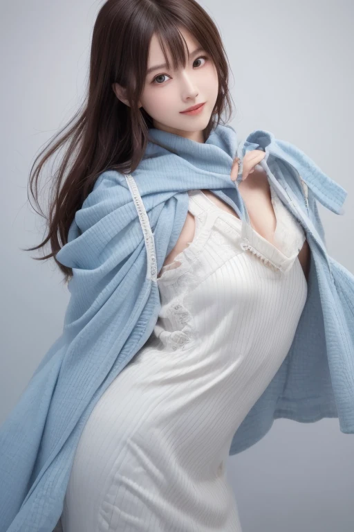 A ２０ year-old Japanese model in a white dress and blue cloak holds a sword, anime girl  cosplay, anime  cosplay,   blue accent costume wearing a white dress and blue cloak ,  cosplay photo, professional  cosplay,  cosplay,  cosplay,  elegant glamourous  cosplay,  looking at the camera 、Detailed and beautiful eyes、Cute smile、A soft and gentle look