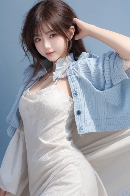 A ２０ year-old Japanese model in a white dress and blue cloak holds a sword, anime girl  cosplay, anime  cosplay,   blue accent costume wearing a white dress and blue cloak ,  cosplay photo, professional  cosplay,  cosplay,  cosplay,  elegant glamourous  cosplay,  looking at the camera 、Detailed and beautiful eyes、Cute smile、A soft and gentle look