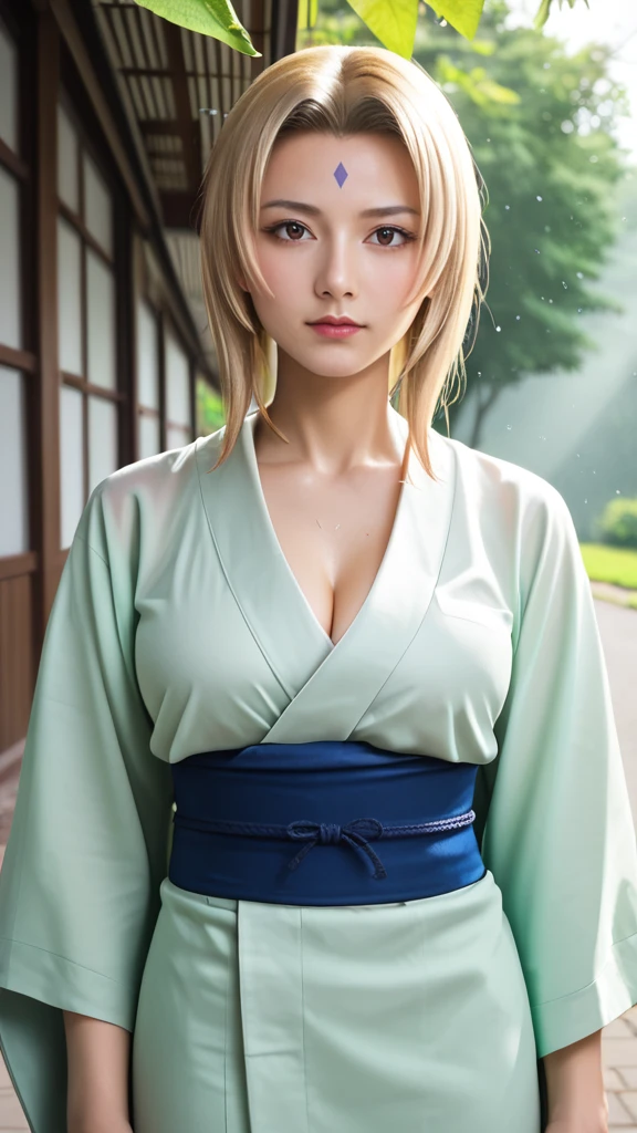 score_9, score_8_up, score_7_up, score_6_up, Photorealistic, real photo, god rays, wind, rain, highres, sharp focus, pixiv masterpiece, ((intricate details)), highly detailed,  upper body, 1girl, mature, blonde hair, blue forehead mark,white kimono, green jacket, sash, tsunade_senju, 