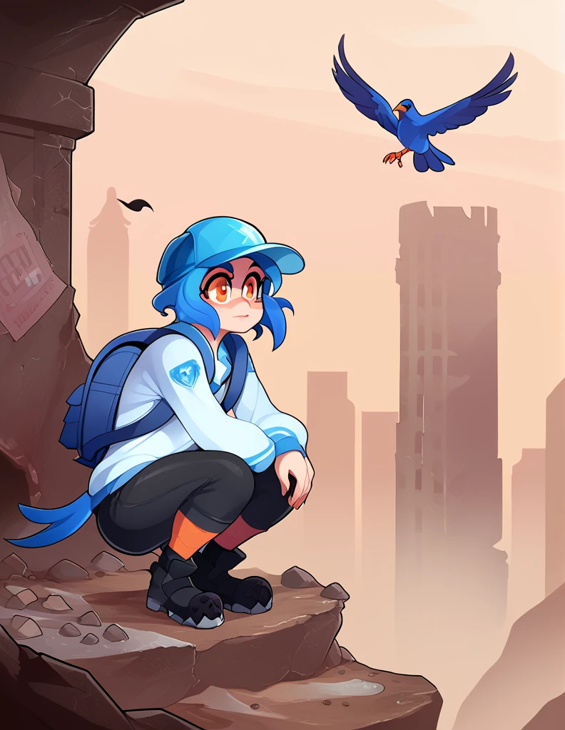 1girl, solo, adult, hips, figure, ruins, apocalyptic city, ((bird girl, kemonomimi, cute, short hair, feathered, apocalypse survivor, backpack)), feathered body, dirty, scrappy clothing, fuzzy, scavenger, scavenging, crouched, perched on high girder, looking out, 