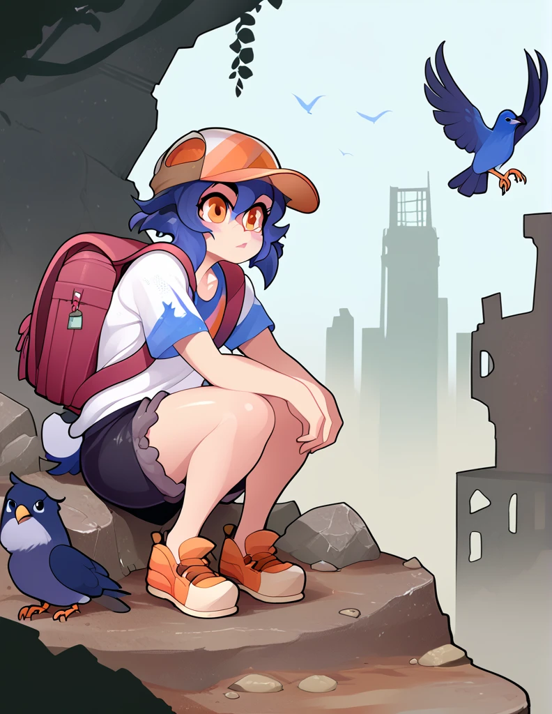 1girl, solo, adult, hips, figure, ruins, apocalyptic city, ((bird girl, kemonomimi, cute, short hair, feathered, apocalypse survivor, backpack)), feathered body, dirty, scrappy clothing, fuzzy, scavenger, scavenging, crouched, perched on high girder, looking out, 