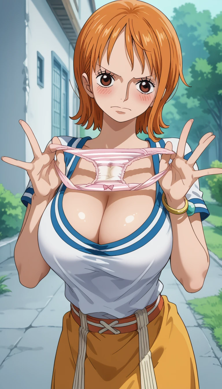 score_9, score_8_up, score_7_up, source_anime,  (anime coloring, anime screencap:1.2), flat color,  megami magazine , shiny skin,us (one piece), short hair, orange hair, brown eyes, cleavage, striped shirt, white shirt, short sleeves, bracelet, miniskirt, yellow skirt, Huge breasts,hanging breasts,gigantic breasts,long breasts,brest apart、sagging breasts,(masterpiece),(Best Quality),( very detailed ),( Kampala),8k,wallpaper,(1 female),(Japanese),(Beautiful female fingers:1.6, Detailed depiction of the hand:1.3),( functional),( voluminous ),Front,look at me,Outdoor,Clear skies,break(Panties as a gift:1.2),( shorts presentation),holding panties, Unworn Pantie ,embarrassed,flushed cheeks