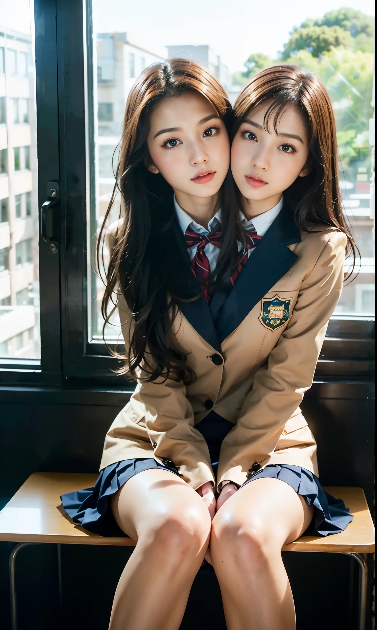 8k, RAW portrait (japanese woman),masterpiece、Photoreal:1.3、realistic, ultra high resolution, highest quality, real life photos ,( in the evening :1.1),
((((2 girls:1.5)))), (((Two girls showing off their in the room)))、(beautiful face:1.1)、日本の2 girls,((Two 日本 High School Girls))、((2 real high school girls))、((日本 High School Uniforms:1.6))、((pleated skirt、cardigan))、In the classroom、 ((dark brown eyes:1.2))、(realistic skin texture:1.3)、(An immersive atmosphere:0.8、chiaroscuro:1.2) 、(look viewer:1.3)、((embarrassed look))、((from belowの天井:1.2))、(sm2)、((((wearing very small silk panties))))、(shot))、((womaning up her skirt))、((from below:1.15))、((Close up on crotch:1.53))、((panty shot))、((spread yous to the side:1.4))、((((My pants are digging in.))))