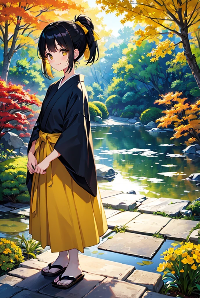 1 black-haired girl, ponytail, Yellow hair ribbon, yellow western style dress, looking at the viewer,  smile, Looking up, Beautiful Japanese Garden, autumn, masterpiece, accurate