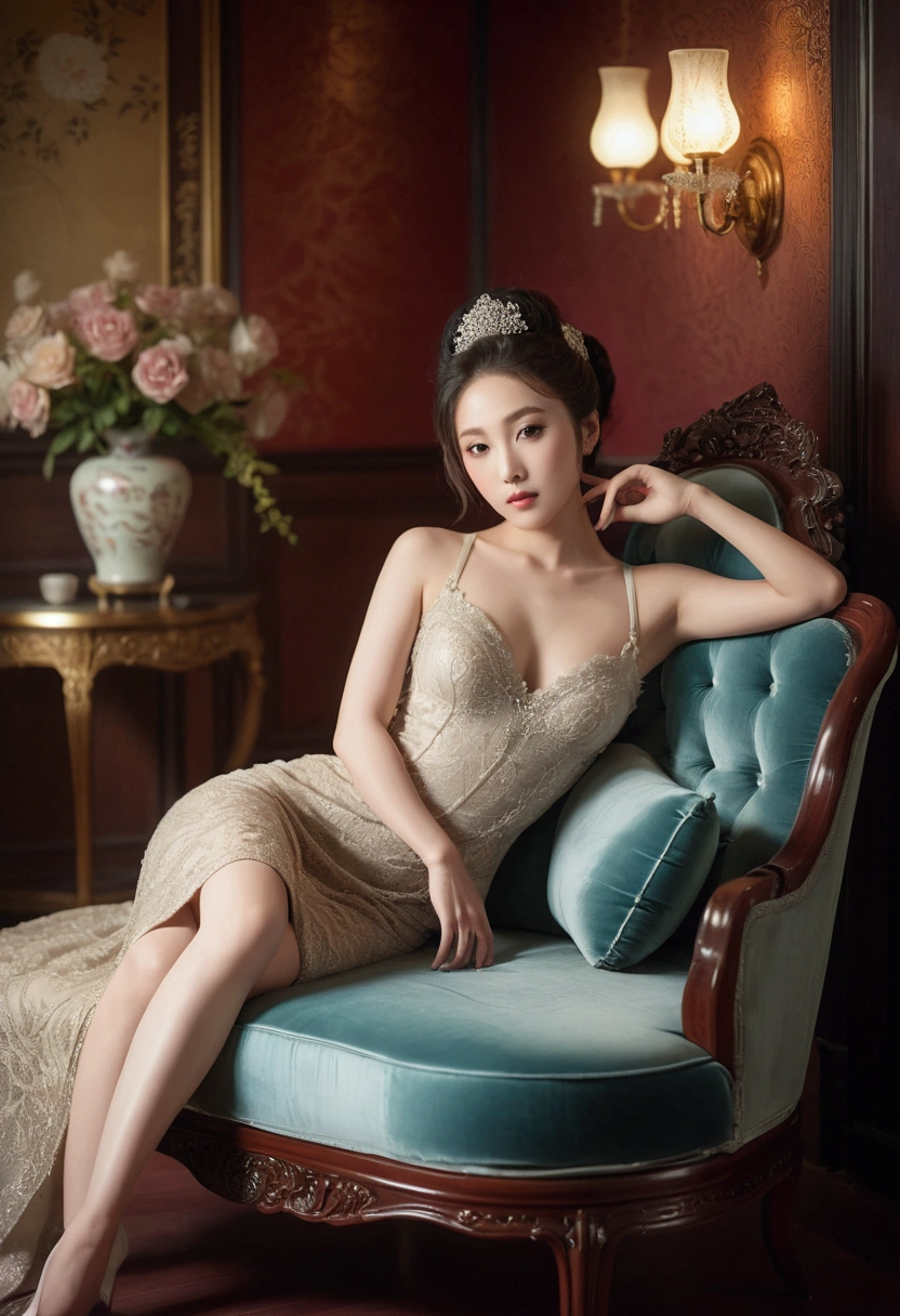 Full body, A beautiful woman Korea,.A stunning detailed portrait of a pretty female reclining elegantly on a plush chaise lounge, her porcelain skin glowing softly in a room illuminated by diffused light. Her intense yet alluring gaze captivates the viewer, mysterious appeal. The background shows a room with a vintage furnishings, creating a sense of sophistication and intrigue