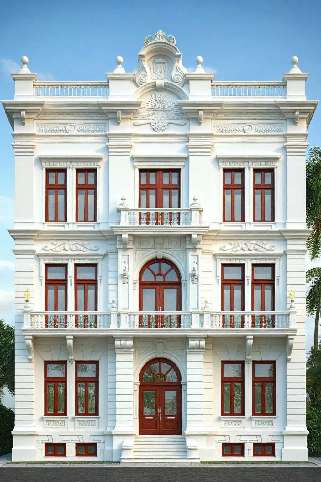 neo classical villa on street, (daylight), tropical tree, vivid colour, streetcapes, white tone, nice detail, intricate relief details, white wall, large glass door, warm interior lighting, best quality, masterpiece, ultra realistic