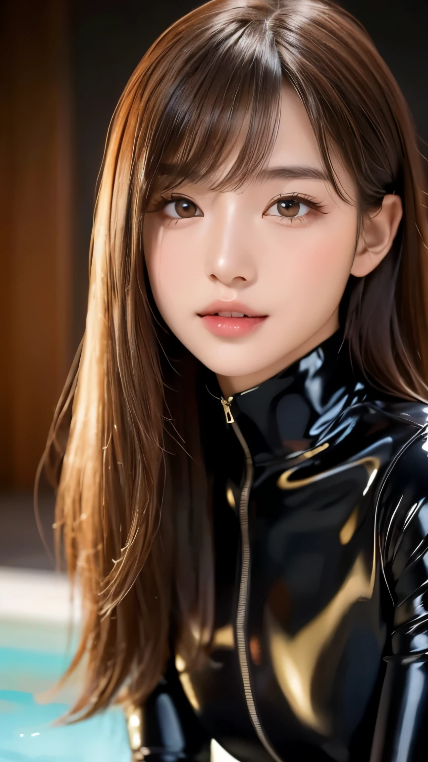 Product quality, 1 girl, Cowboy Shot, Front View, Beautiful young Japanese girl, At night,  Wear a miniskirt, Very cute face, Shiny lips, Double eyelids on both eyes, (Natural Makeup), Shiny smooth light brown hair with long hair, Asymmetrical bangs, 【Image Center, 8k resolution, Attention to detail, Detailed hair型, Detailed face, Cinema Lighting, Octane Rendering, Ultra-realistic, Perfect limbs, Perfect Anatomy, Latex bodysuit、Knee-high boots、Huge 、Long brown hair、Shiny, Oily skin、Glowing Skin、Indoor competition pool、White skin、Flying debris, Best Quality, Realistic, Very detailed, finely, High resolution, 8k Dende wallpaper, One beautiful woman,, Light brown messy hair, Sharp focus wearing a business suit, Perfect dynamic composition, Beautiful and exquisite, Detailed hair, Detailed Realistic skin texture, smile, Close-up portrait, Model Body Type