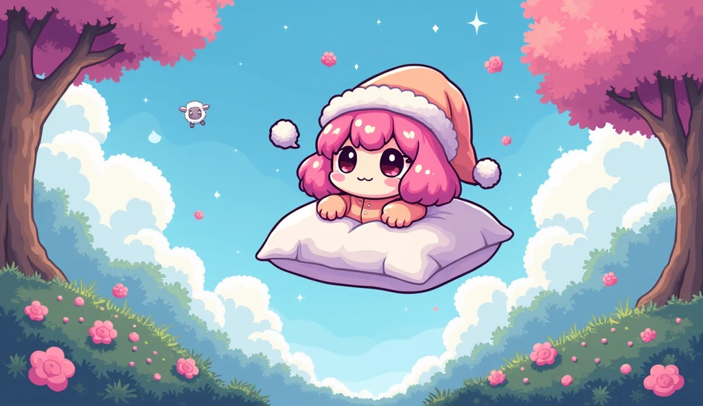  pixel art:1.3,  Easy-to-read pixel art :1.3, SNK, Super Nintendo pixel art , 16bit, Outdoor:1.5,  pink haired girl, Alone, 2 heads, Chibi, Fluffy hair,  wearing a nightcap , In pajamas, (Fly in the sky on a big pillow:1.3),  in a fancy, brightly colored forest,  a life gauge in the shape of a sheep 