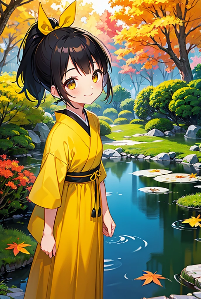 1 black-haired girl, ponytail, Yellow hair ribbon, yellow western style dress, looking at the viewer,  smile, Looking up, Beautiful Japanese Garden, autumn, masterpiece, accurate