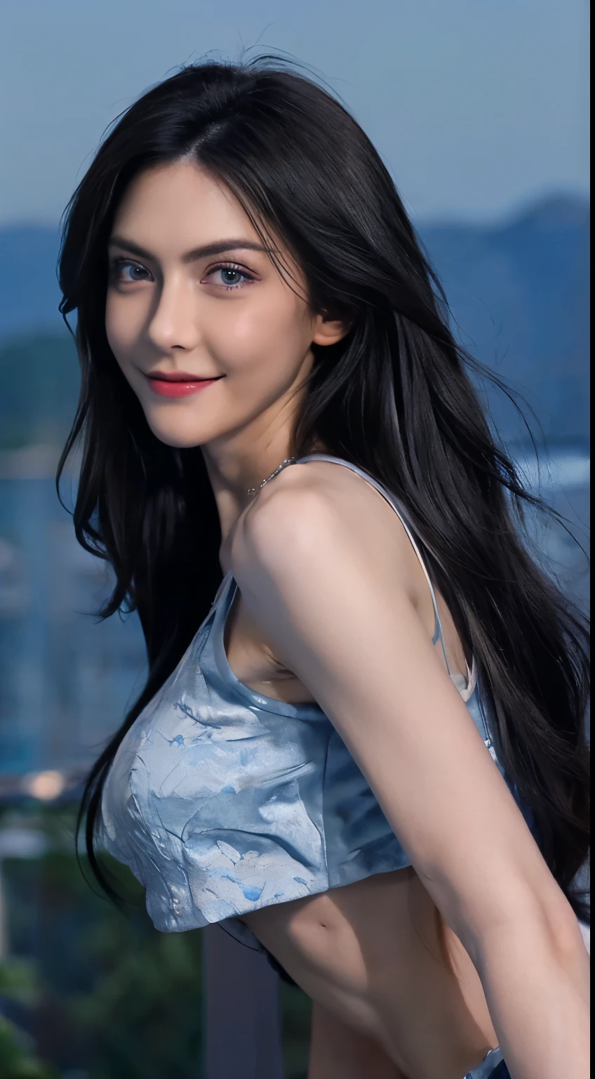 8K, Top Quality, Intricate Details, Ultra Detail, Ultra High Resolution, Masterpiece, random angle, Slender, Smile, (Makeup: 0.4), (Fluffy Blue Eyes: 1.21), blue Eyes, looking back, ((full body)), 1girl, solo, 1 girl, (( full body)), close up shot, , ((tall)), (((fit body))), (((slim face))), sharp face, sharp eyes, (((black hair, long hair, )) (detailed face), sharp face, small lips,
((crop top)), detailed face, detailed breast, , large breast, detail ass, round ass , Beautiful girl with accentuated slender abs: 1.4, Six Pack Abs: 1.4, Bust Botox, Big, Perfect Body, detail leg, (( moonlight)), top of mountain