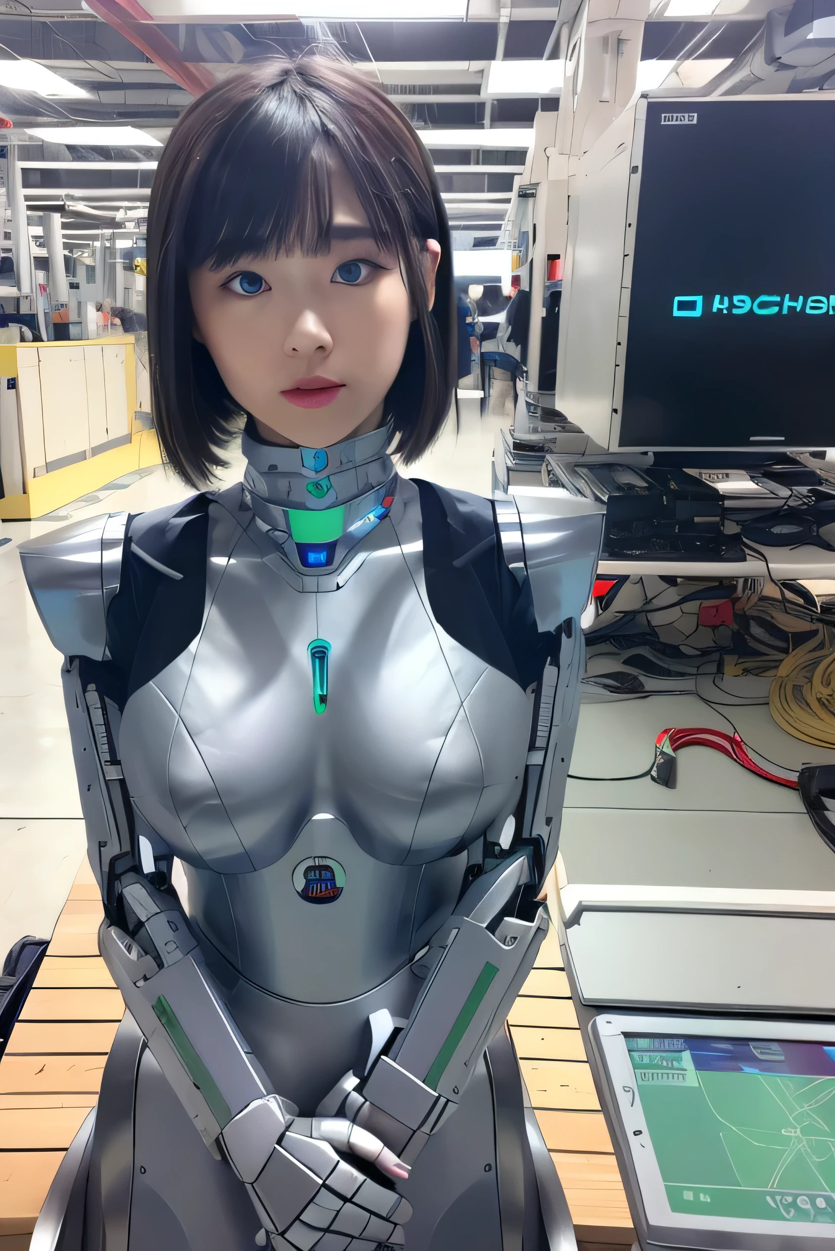 masterpiece, best quality, extremely detailed, Japaese android girl,Plump ,control panels,android,Droid,Mechanical Hand, Robot arms and legs,Blunt bangs,perfect robot girl,long tube,thick cable connected her neck,android,robot,humanoid,cyborg,japanese cyborg girl ,robot-assembly plant,She has assembled now,assembly scene,chest monitor,blue eyes