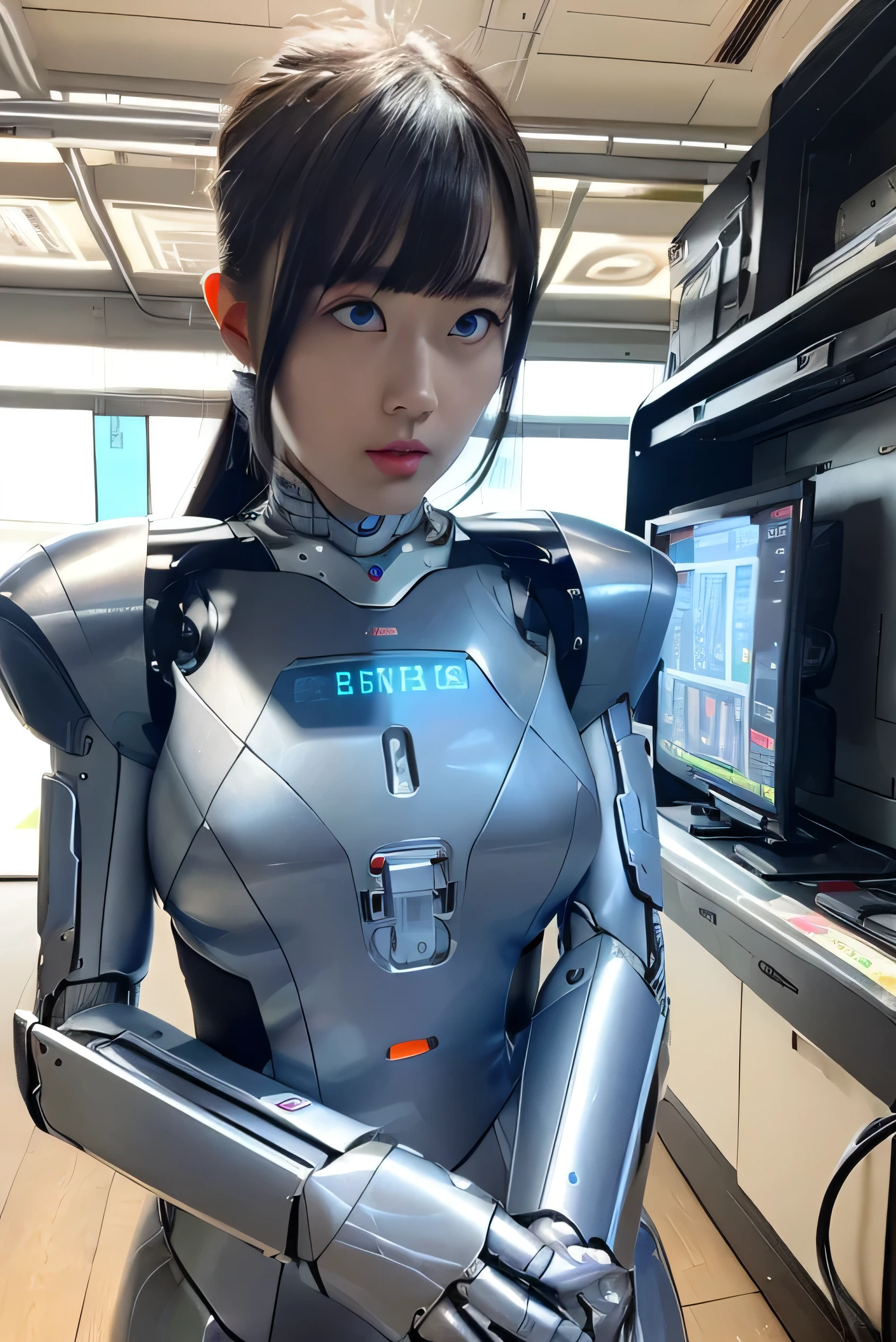 masterpiece, best quality, extremely detailed, Japaese android girl,Plump ,control panels,android,Droid,Mechanical Hand, Robot arms and legs,Blunt bangs,perfect robot girl,long tube,thick cable connected her neck,android,robot,humanoid,cyborg,japanese cyborg girl ,robot-assembly plant,She has assembled now,assembly scene,chest monitor,blue eyes