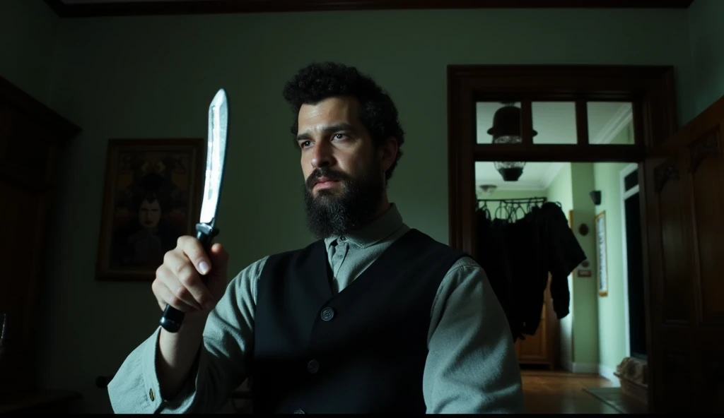 DamettaFlux001, An image of a man holding a straight razor in a dimly lit room, shot in the style of a Tim Burton movie. The atmosphere is Victorian Gothic, with heavy, dark shadows and a moody, ominous vibe. The man stands in a tense posture, reflecting a hot intensity, reminiscent of a movie screenshot from a dark horror scene, blending Burton's distinct macabre style.