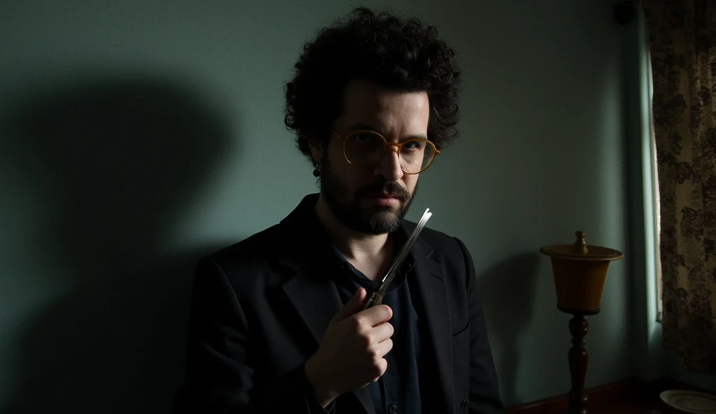 DamettaFlux001, An image of a man holding a straight razor in a dimly lit room, shot in the style of a Tim Burton movie. The atmosphere is Victorian Gothic, with heavy, dark shadows and a moody, ominous vibe. The man stands in a tense posture, reflecting a hot intensity, reminiscent of a movie screenshot from a dark horror scene, blending Burton's distinct macabre style.