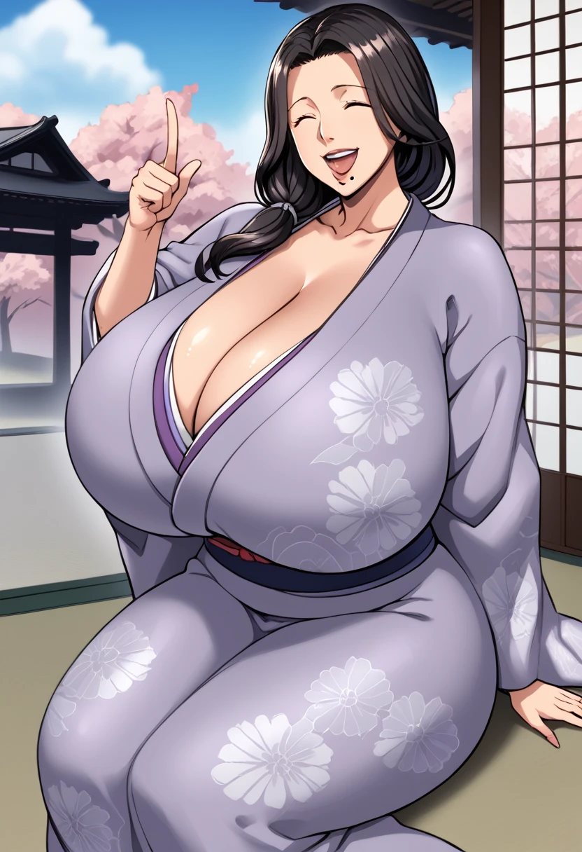 there's an anime character with huge chest  Sitting  on the floor wearing a kimono, 1 woman,  mature woman, Alone, chest,  Japanese clothes , mole under mouth, Black hair, kimono, Long hair, mole, huge chest,  Sitting ,  cross-shaped halter pointing at the sky , laugh